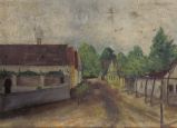 Rákóczi út utcarészlet, balra a 103-as házszám. Festmény az 1945. előtti időkből.